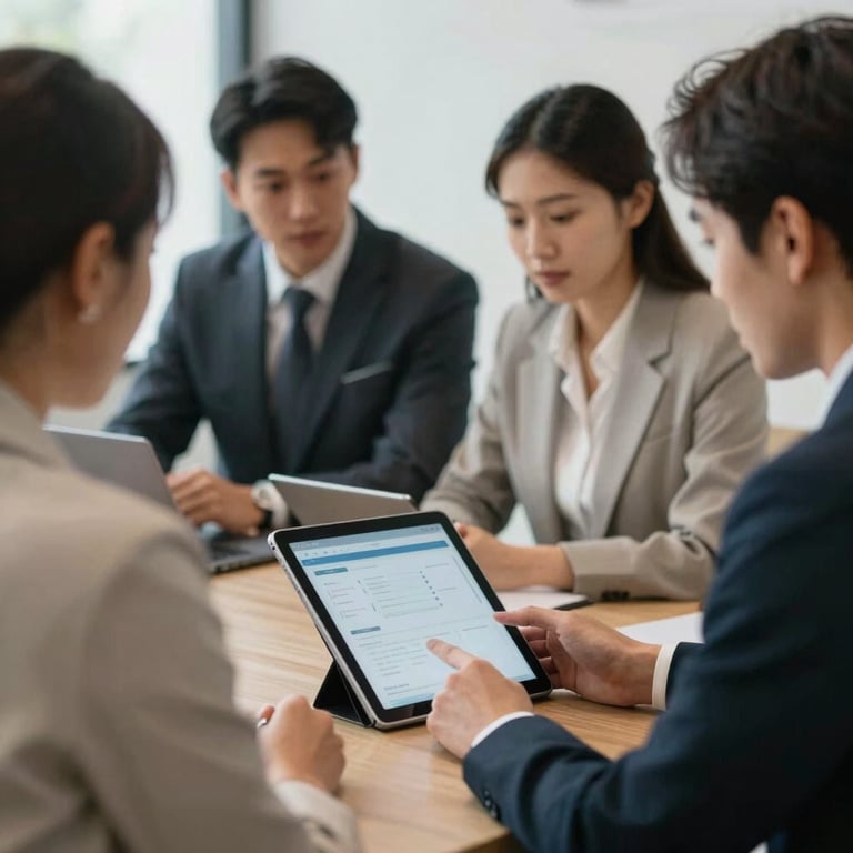 A group of diverse professionals in a collaborative meeting, blurred background, focus on a digital tablet, professional attire.