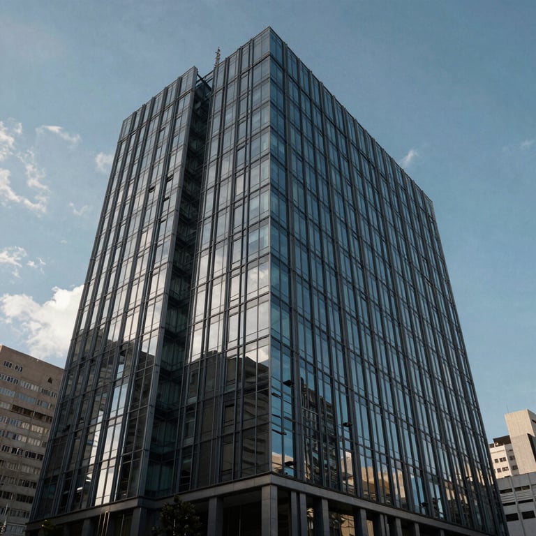 A modern office building exterior in a Brazilian metropolitan city, glass reflections of the sky, clean lines, medium blue sky background.
