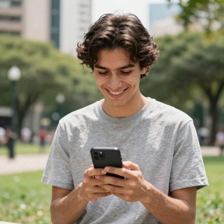 A person smiling warmly while looking at a smartphone, outdoors in a green urban park in South America, bright daylight.