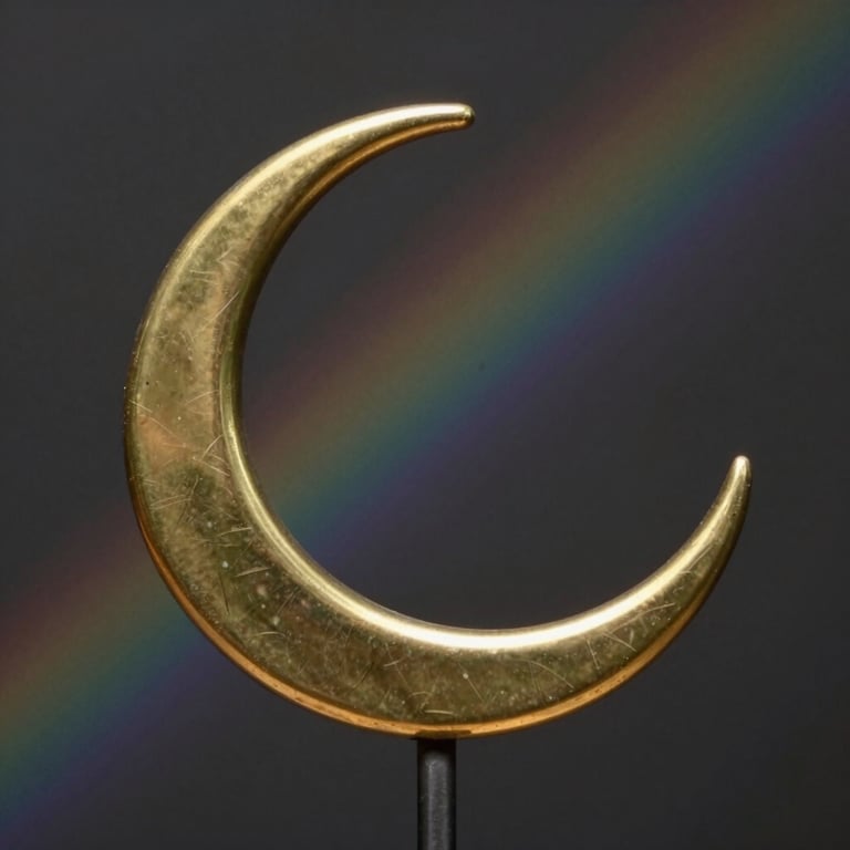 Macro close-up of a delicate, thin-line brass crescent sculpture, soft light reflecting off polished metal, moody dark background with a subtle prismatic rainbow refraction.