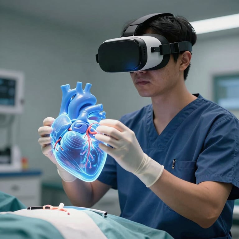 A medical student in a North American hospital setting using VR to perform a virtual heart surgery simulation, glowing light blue digital heart model.