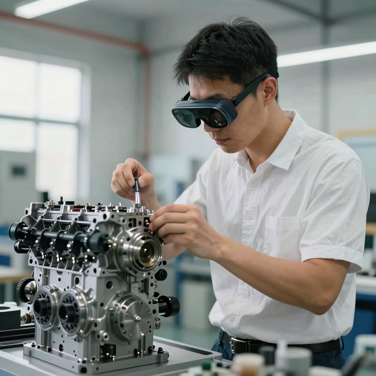 An industrial engineer wearing AR glasses while assembling a complex engine part in a bright, modern factory workspace.