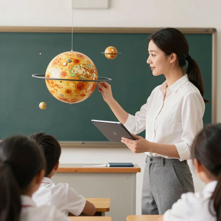 A teacher in a classroom using an AR tablet to show students a rotating 3D solar system model with crisp off-white lighting.