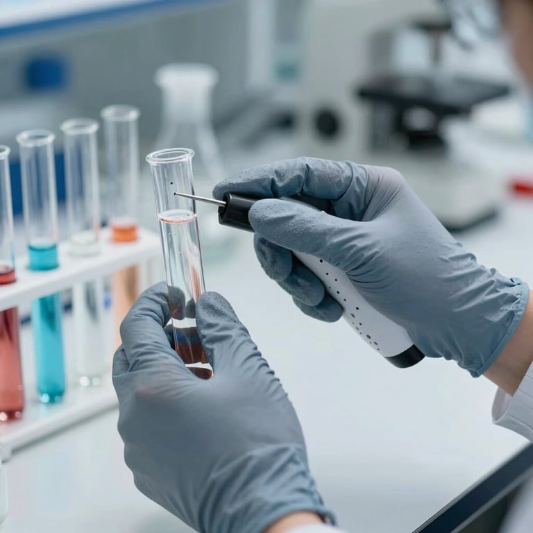 Close-up of hands using high-precision haptic gloves in a virtual chemistry lab simulation with bubbling test tubes.