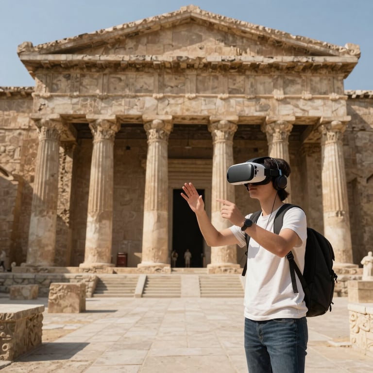 A wide photography shot of a virtual reality historical recreation of ancient architecture being explored by a student.