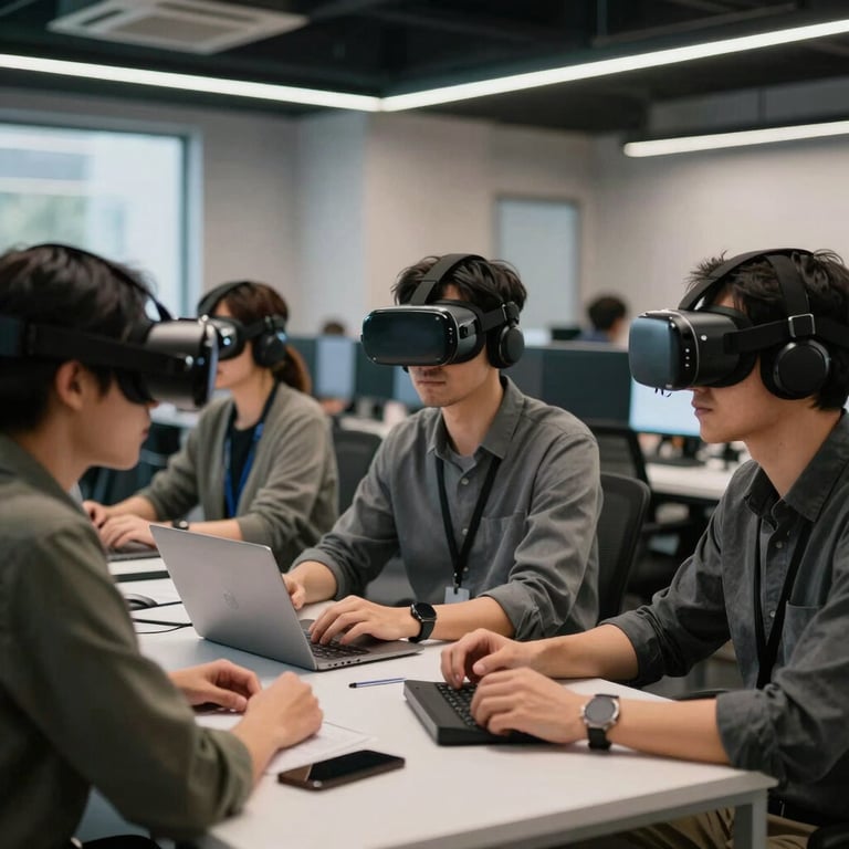 A collaborative team in a North American tech hub wearing VR headsets for a multi-user digital design session.