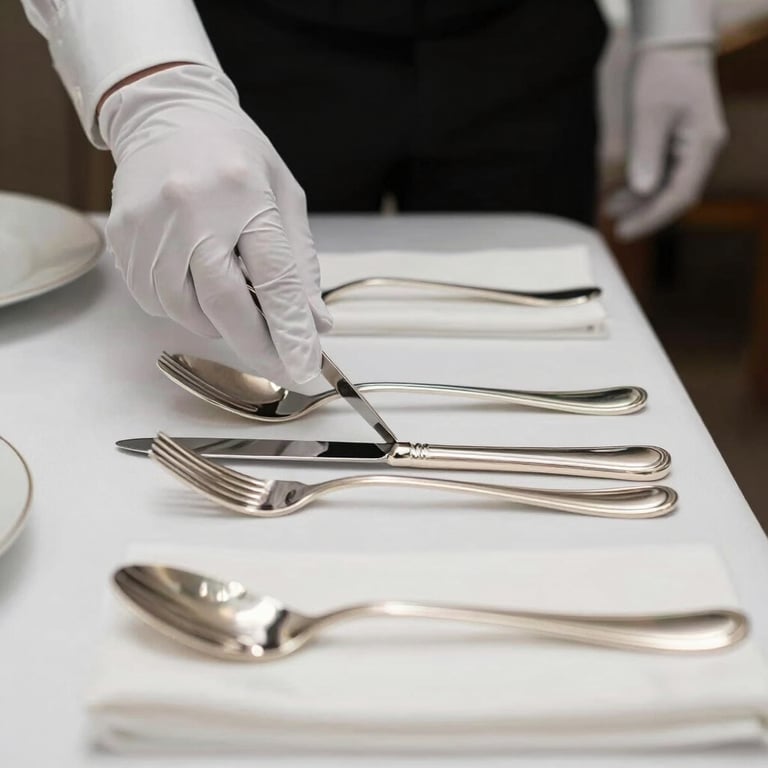 Polished silver cutlery and white napkins being perfectly aligned on a table by a server wearing white gloves.