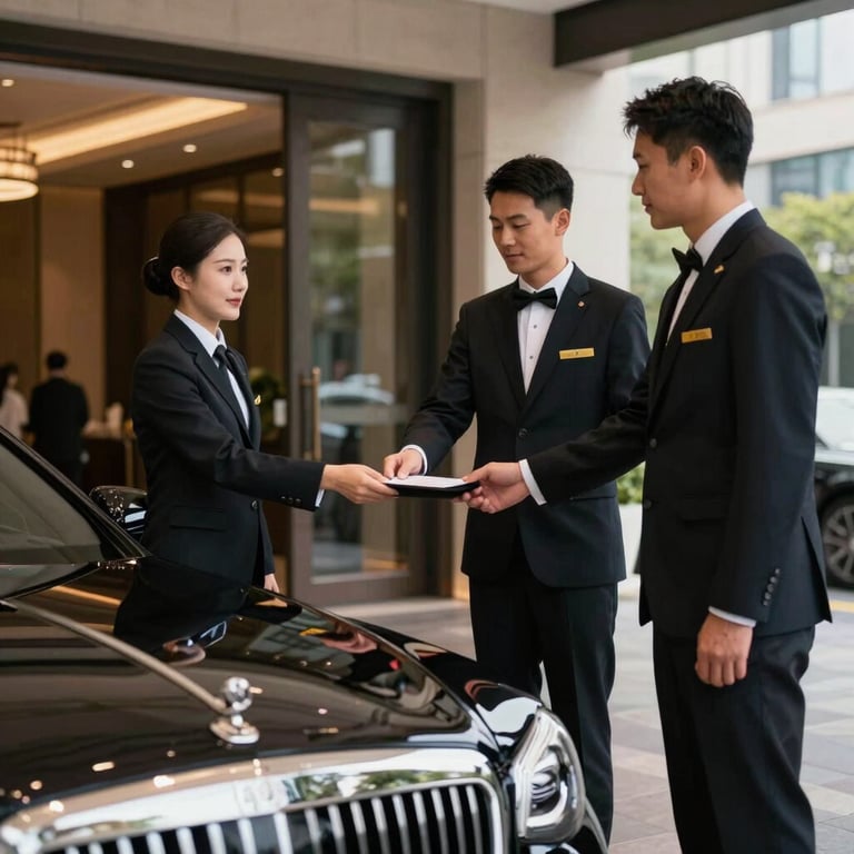 Professional valet attendants in uniform greeting a luxury car at an upscale North American event entrance.