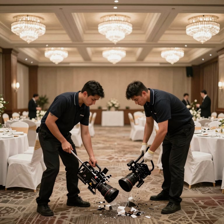 A disciplined breakdown crew efficiently clearing a large banquet hall after a high-profile corporate gala.