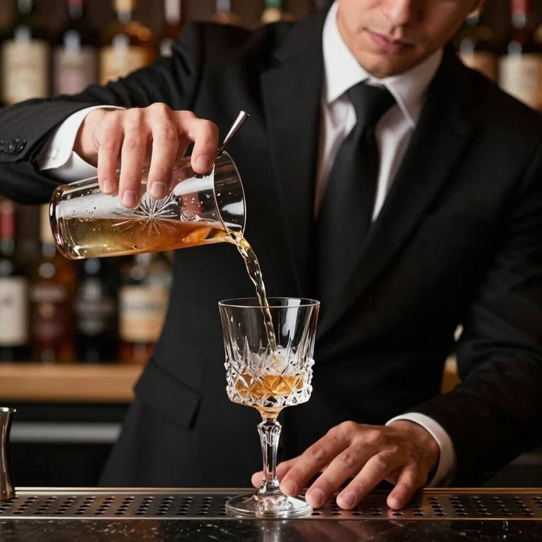A focused mixologist in a black tie pouring a drink into crystal glassware at a North American gala.