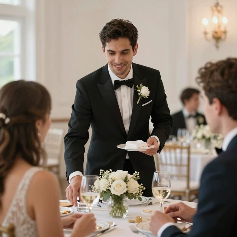 A hospitable server in formal attire assisting a guest at a beautifully decorated wedding reception table.