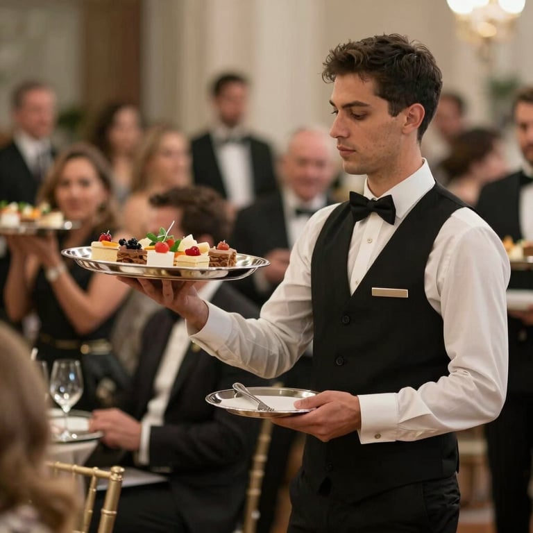 Elegant catering servers in black vests carrying silver appetizer trays through a sophisticated crowd.