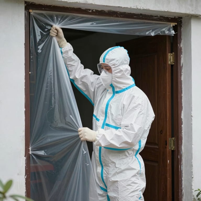 A technician in a white protective suit sealing a doorway with heavy plastic sheeting for proper containment.
