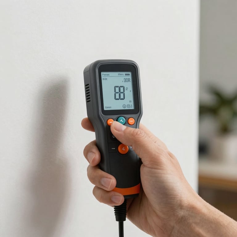Close-up of a professional air quality testing device being held against a white wall in a residential setting.