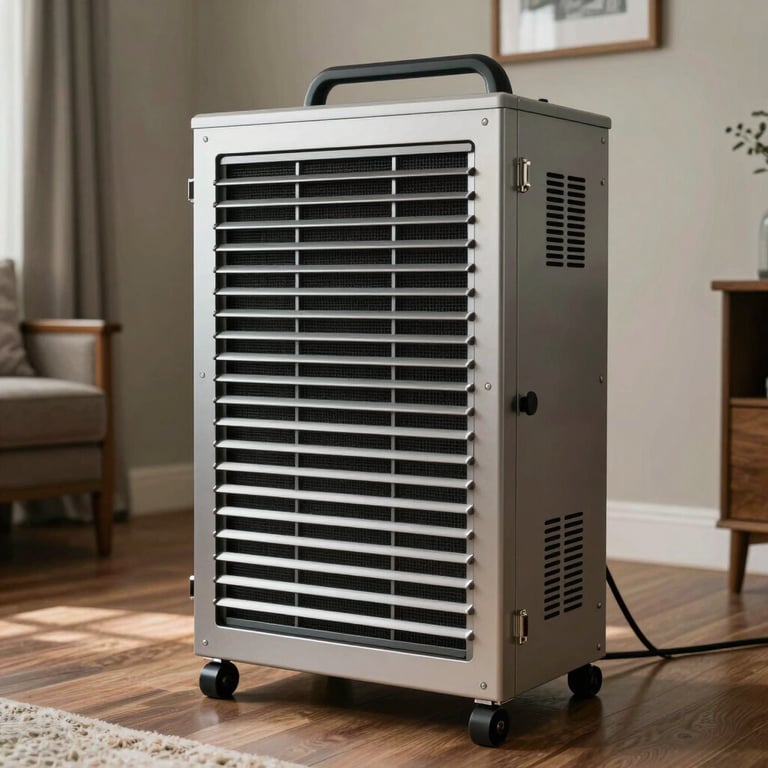 A heavy-duty HEPA air scrubber operating in a modern North American / Floridian home interior to purify air quality.