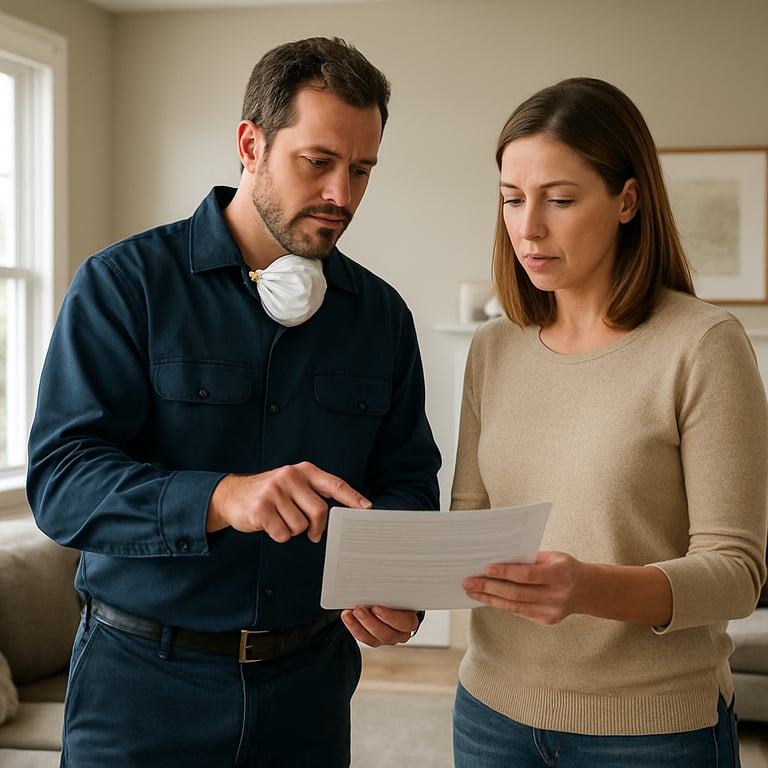 A mold remediation specialist explaining a report to a homeowner in a bright, modern North American living room.