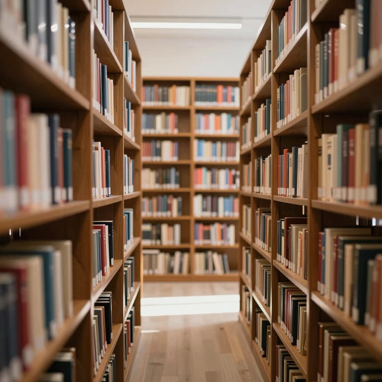 A quiet, sunlit library with neatly arranged bookshelves, fostering a sense of academic excellence and peace.