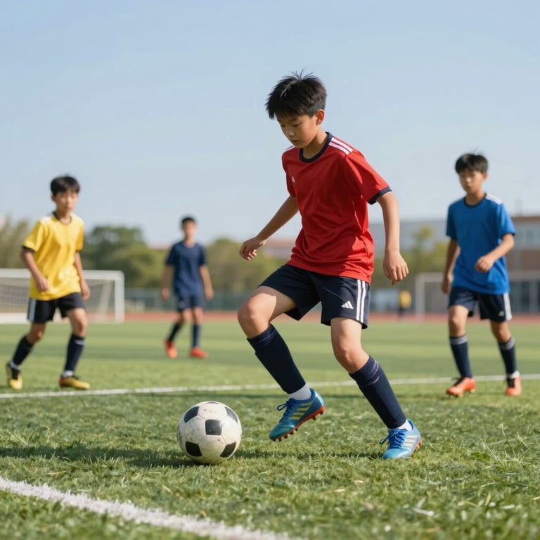 Middle school students practicing soccer on a well-maintained green field, professional action shot, sky blue background.