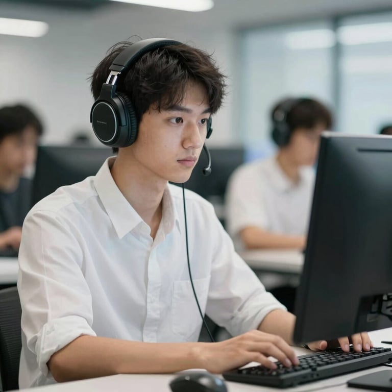 A student wearing headphones working on a modern computer, focused expression, tech-forward and clean aesthetic.