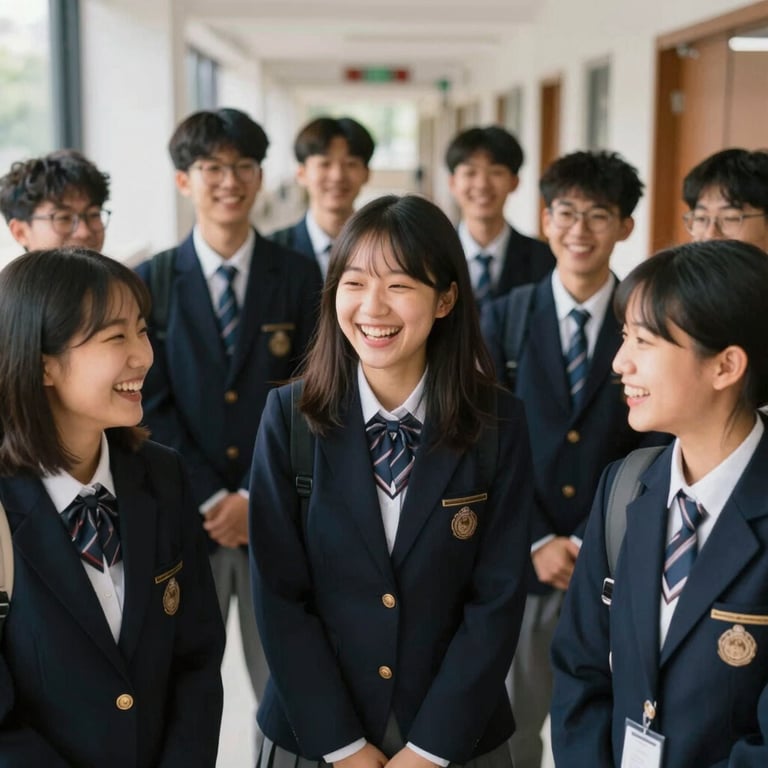A group of diverse students in smart uniforms laughing together in a hallway, representing a trustworthy community.