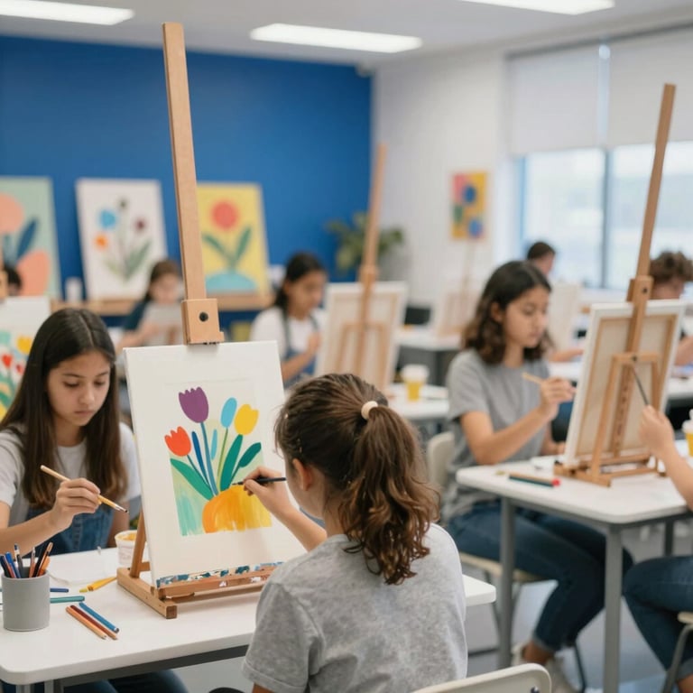 An art class where students are working on colorful canvases, clean and organized studio, #2B557C brand colors in the decor.