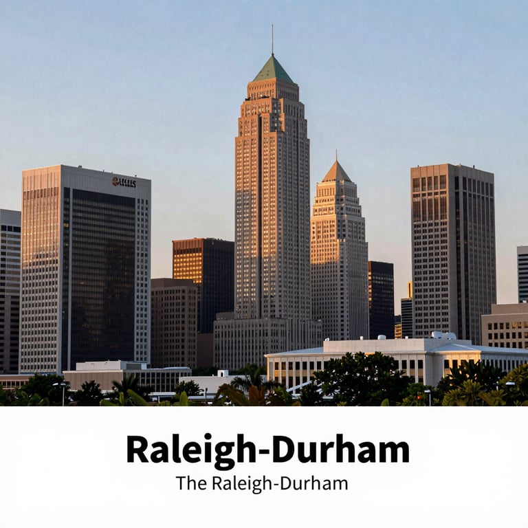 The Raleigh-Durham skyline during early evening, showcasing professional business architecture.