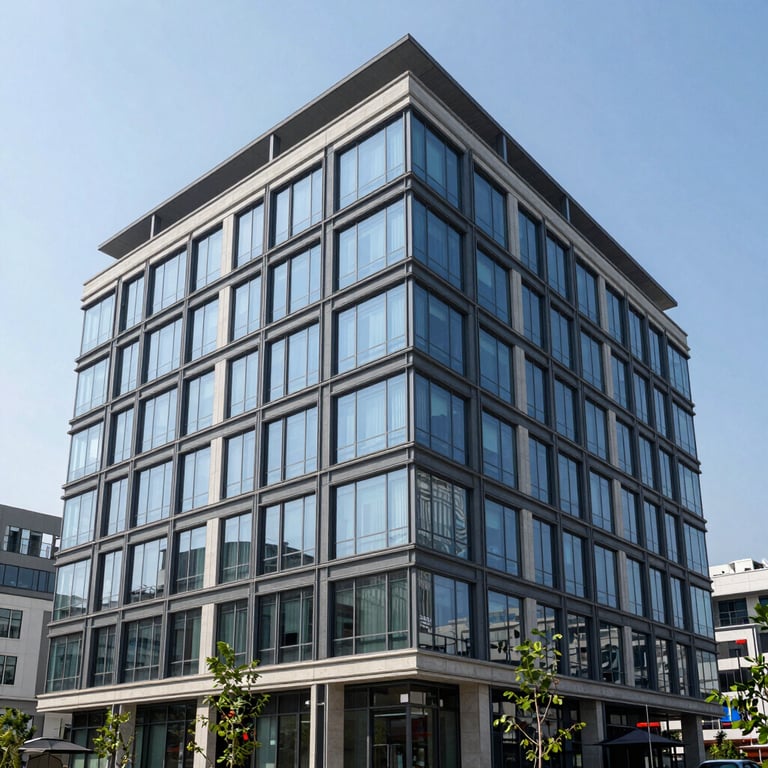 Modern office complex in RTP with Slate Blue glass windows and clean lines.