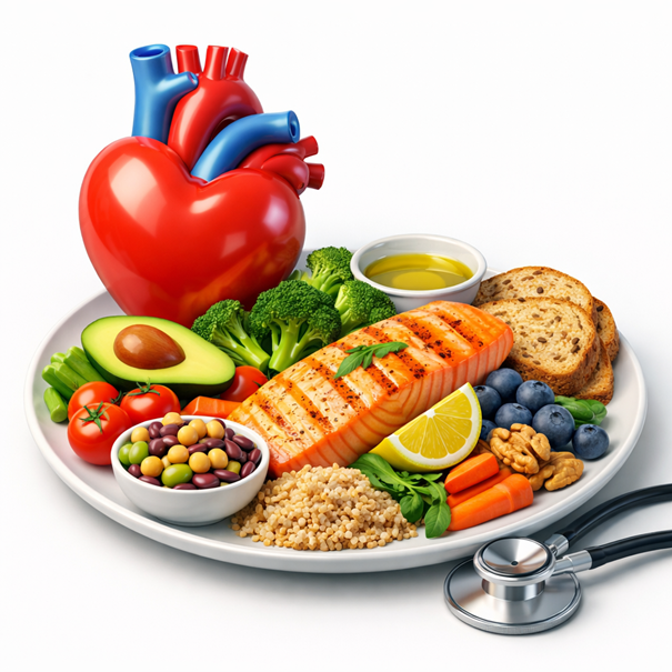 Figura 1. Ilustração 3D: alimentação e saúde cardiovascular. (Arte: Nutro AI)