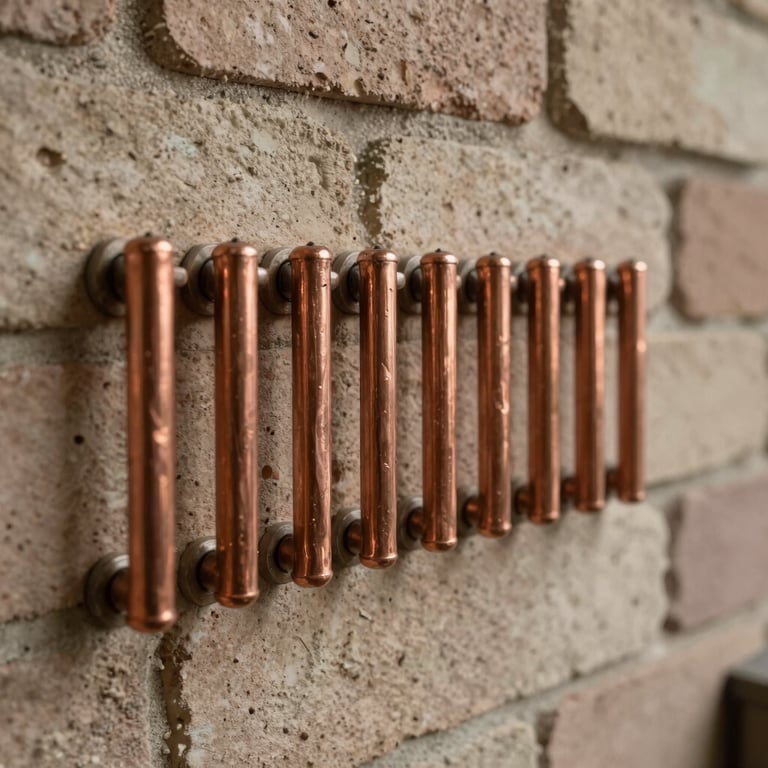 Détail de tuyauteries en cuivre parfaitement alignées et soudées, fixées sur un mur de briques claires, esthétique technique et soignée.