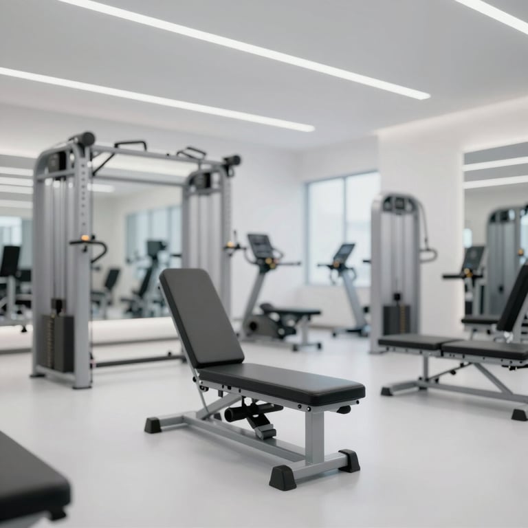 A wide shot of a bright, modern clinic gym featuring high-tech rehabilitation equipment and clean #F8F8F8 surfaces.