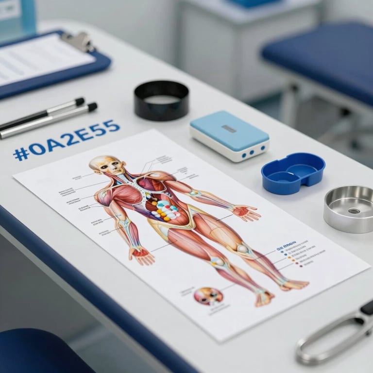 Anatomical charts and professional physiotherapy tools neatly arranged on a clinical desk with #0A2E5B branding.
