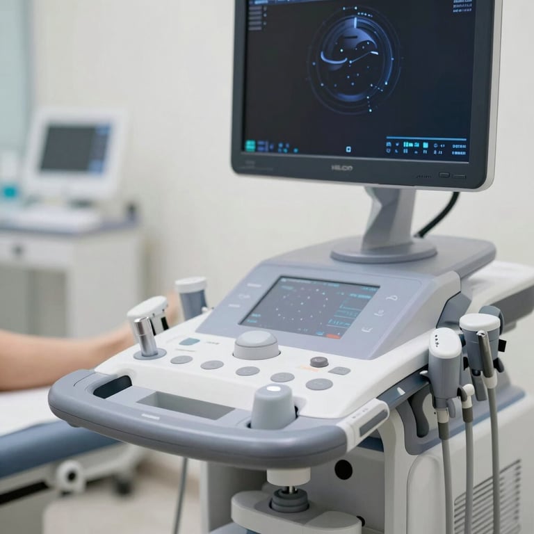 A close-up of a high-tech ultrasound therapy machine used for sports injury diagnosis in a clinical setting.