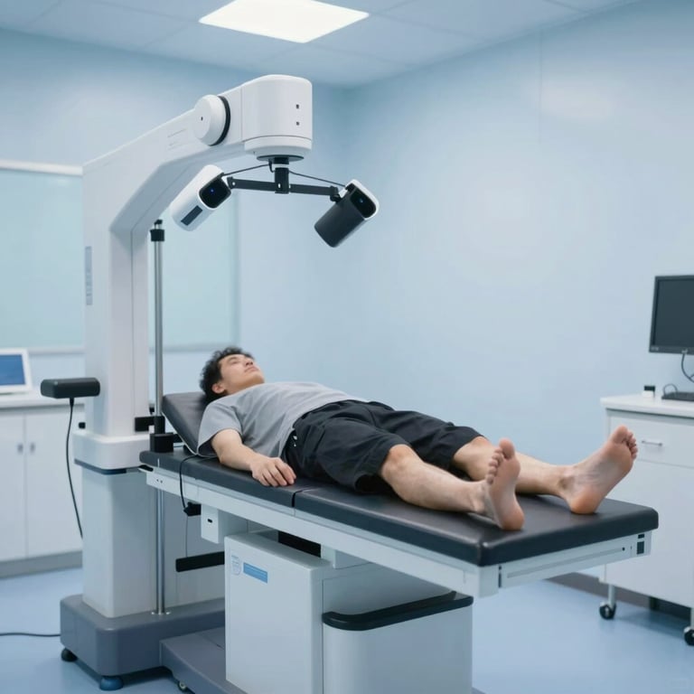 A professional biomechanical assessment station with motion capture sensors and clean blue lighting.