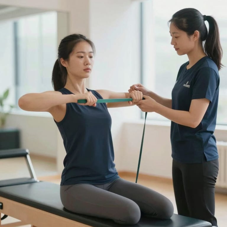 A patient performing guided functional exercises with a resistance band under professional supervision.