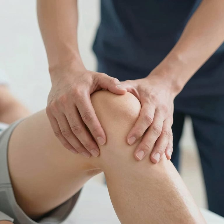 Detail of a physiotherapist's hands performing manual therapy on an athlete's knee, focused on precision and care.