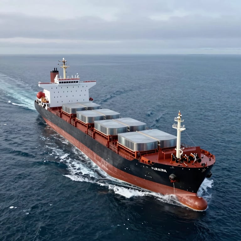 Aerial view of a cargo ship transporting energy components through an icy sea in the Russian North.