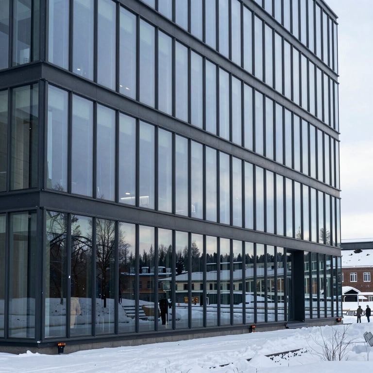 Minimalist photo of a modern corporate headquarters in Northern Europe with glass walls reflecting a snowy landscape.