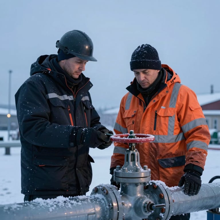 An engineer in heavy winter gear inspecting a valve on a pipeline in Scandinavia, cold atmosphere.