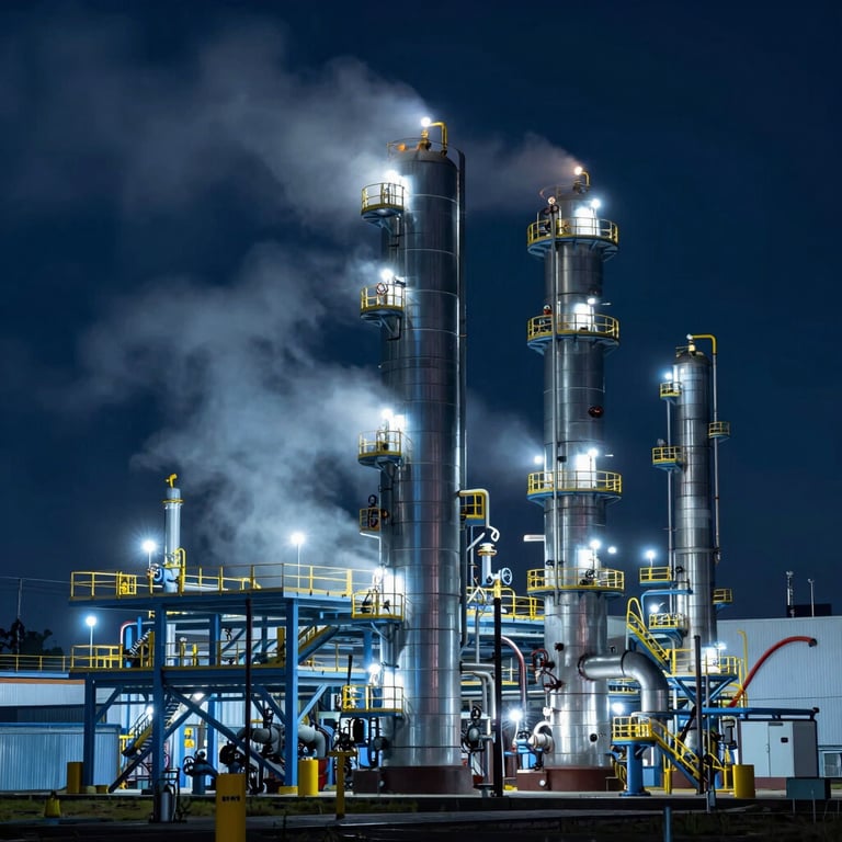 Night photography of a gas plant with steam rising into the cold air, illuminated by blue and white industrial lights.