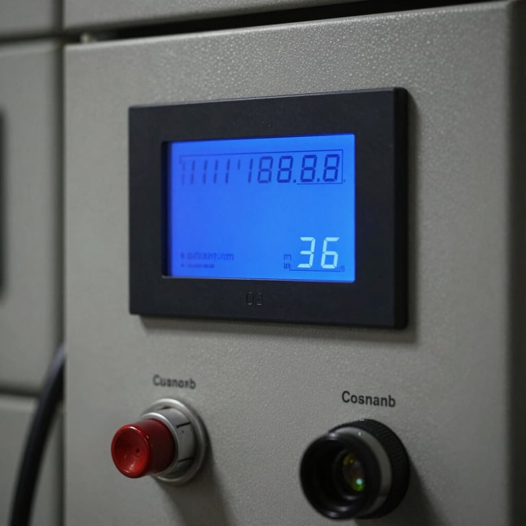 A close-up of a digital control panel used for monitoring gas pressure, displaying blue light in a dark room.