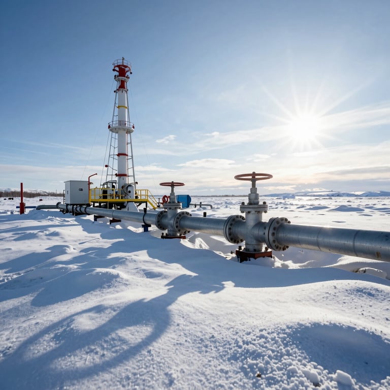 A wide shot of natural gas infrastructure buried in deep snow under a bright Arctic sun, high-tech pipes visible.