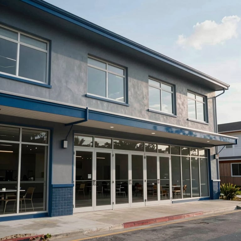 Renovated beachfront commercial property in Hanover with sleek blue-grey accents and steel blue trim.