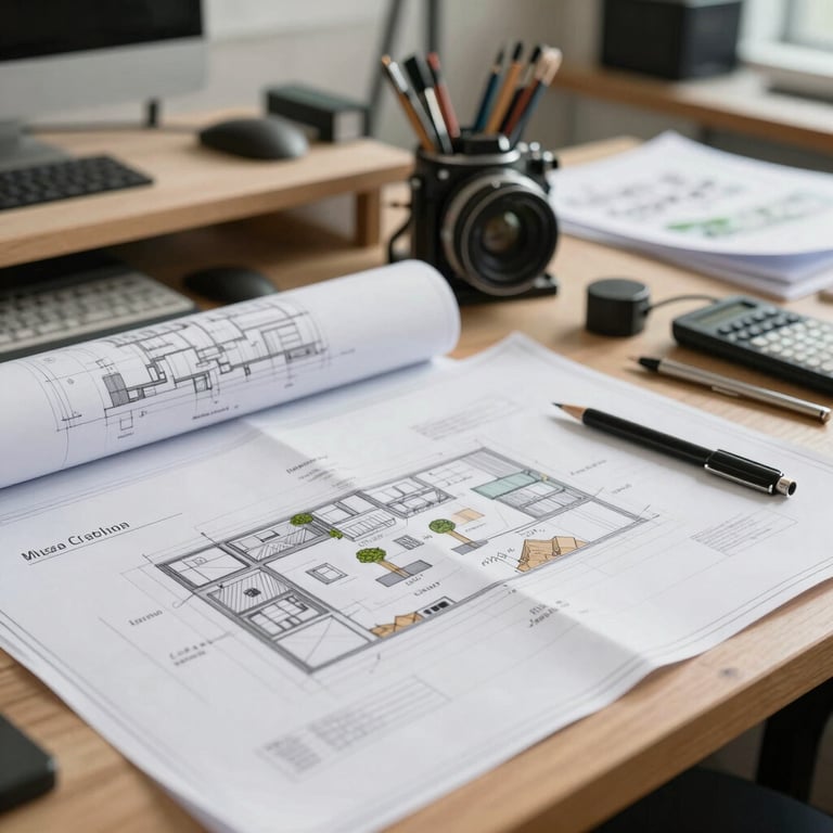 Interior view of a professional architectural studio in the Caribbean with blueprints and 3D models.
