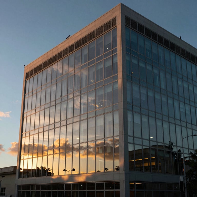 Exterior of a modern office building with sophisticated glass work reflecting a Caribbean sunset.