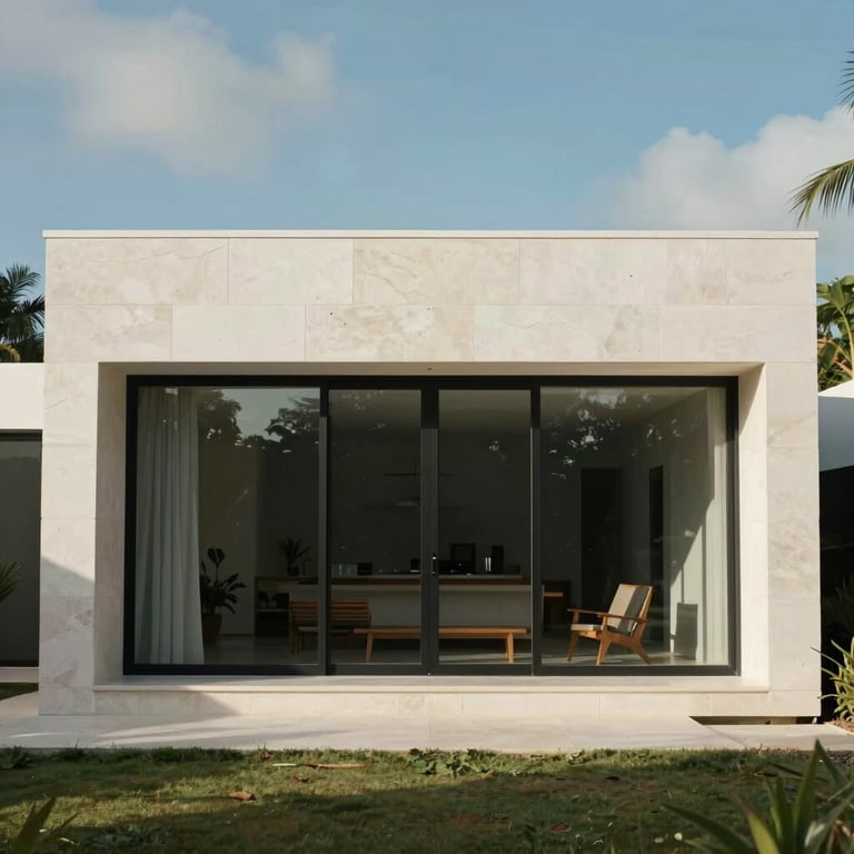 Modern minimalist Jamaican home with large glass windows and white stone facade, daytime photography.