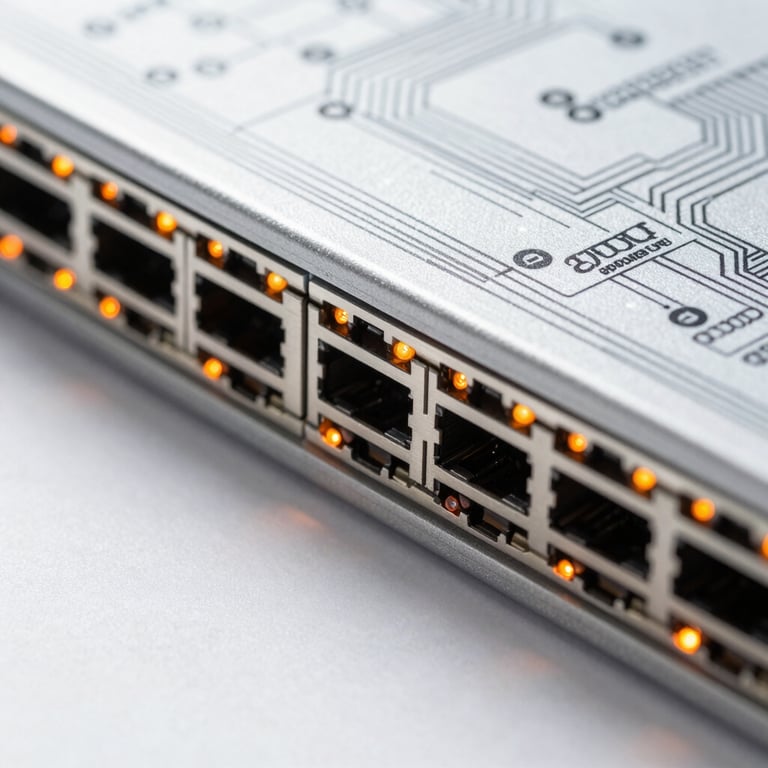Ultra-clean macro close-up of a physical network switch, glowing orange indicator lights, sharp shadows, high-key bright studio lighting, technical blueprint overlay.