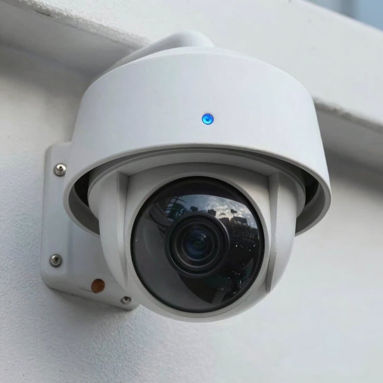 Straight-on macro detail of an outdoor dome IP camera mounted on a clean slate wall, active blue status indicator, sharp industrial design.