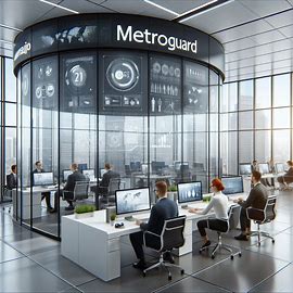 IT professionals working in a modern Metroguard network operations center with digital data displays.