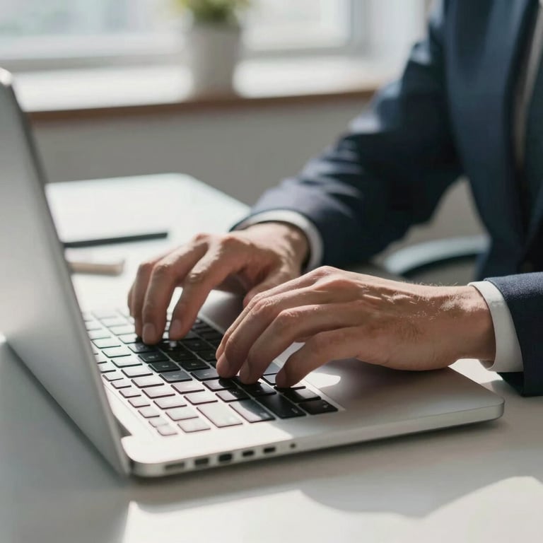 A close-up of professional hands typing on a sleek laptop in a bright North American / US office, soft morning light, Steel Blue desk accessories.