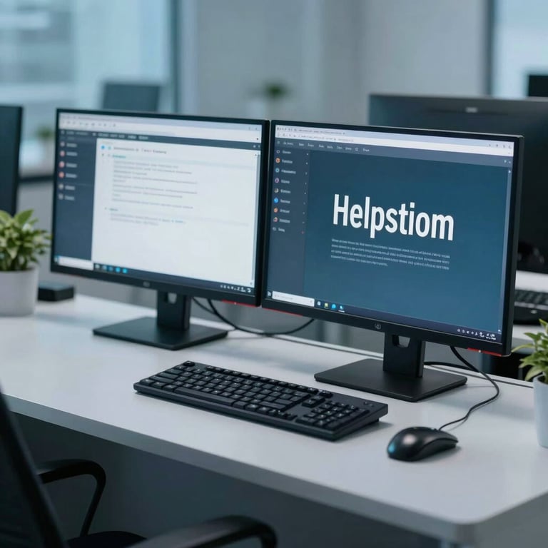 A modern helpdesk station in a North American / US setting, featuring dual monitors and ergonomic design, Soft Ice Blue ambient lighting.